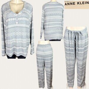 Anne Klein +1X Gray Print Pocket Drawstring Pants Long Sleeve Sleepwear 2 Pc Set
